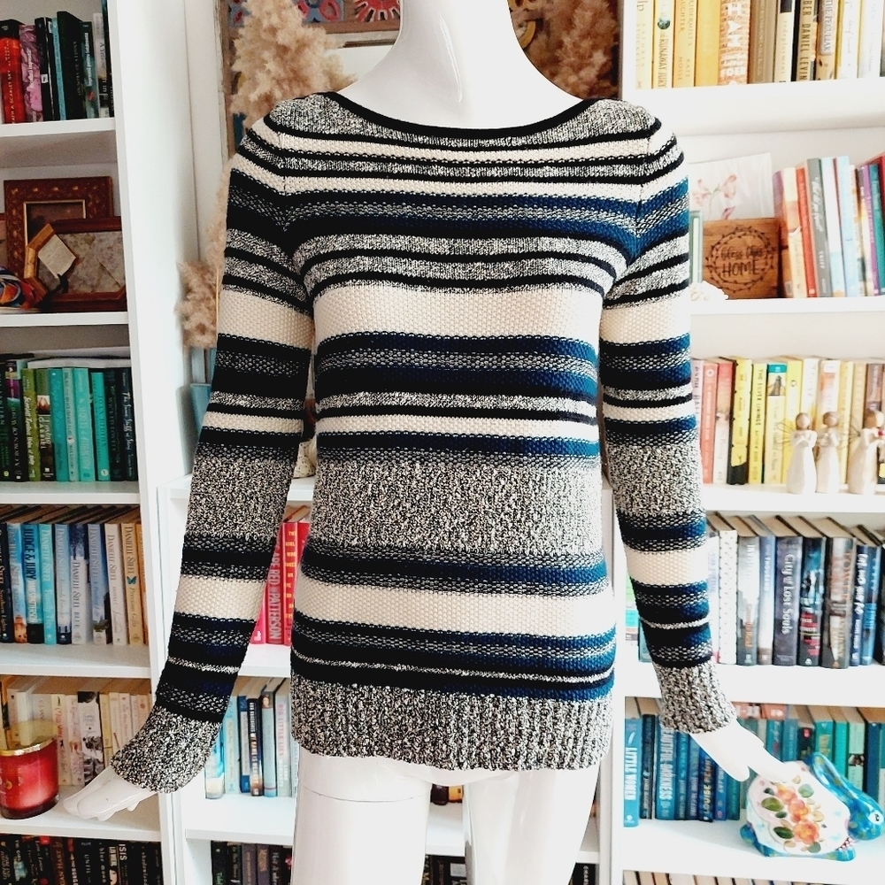 Vince Wool/Cotton Boucle Striped Sweater, Dark Sapphire Combo  P1342
